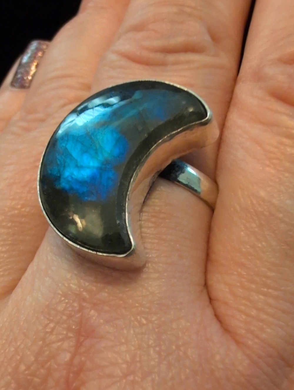 Crescent Moon Shaped Labradorite (With Blue Flashes) Ring